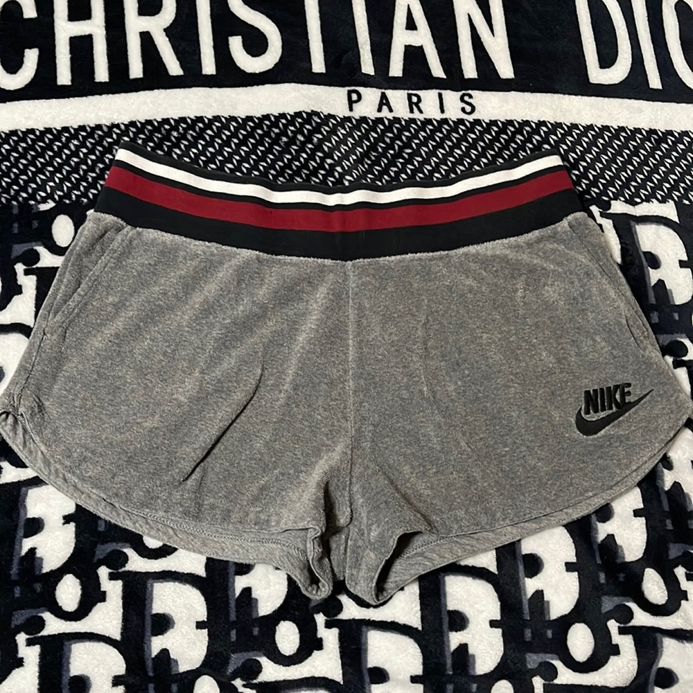 Nike Gray Athletic Shorts with Black and Red Accents